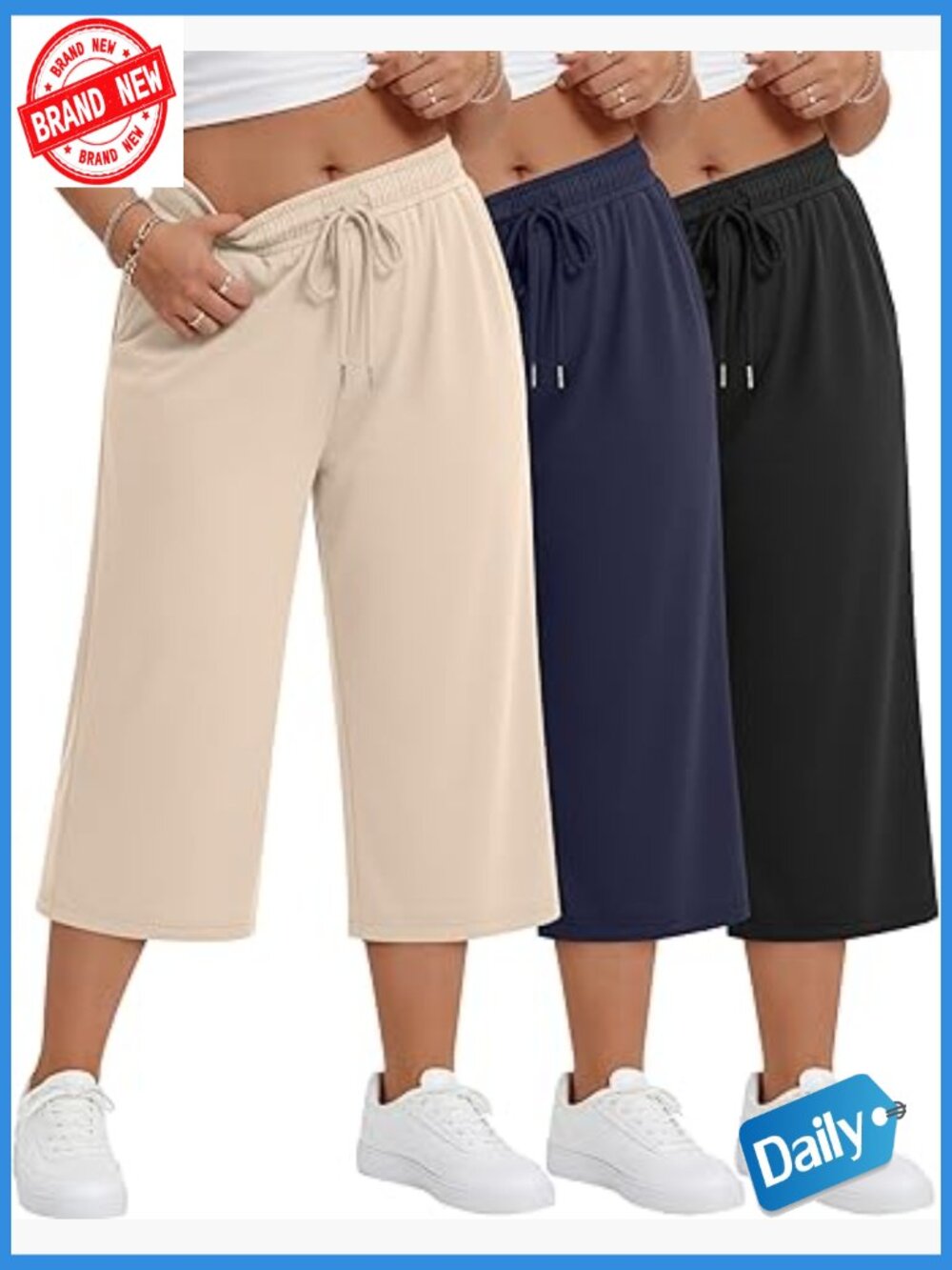 Plus Size Capri Pant Cotton-Blend Drawstring Lounge Sweatpants 3pk